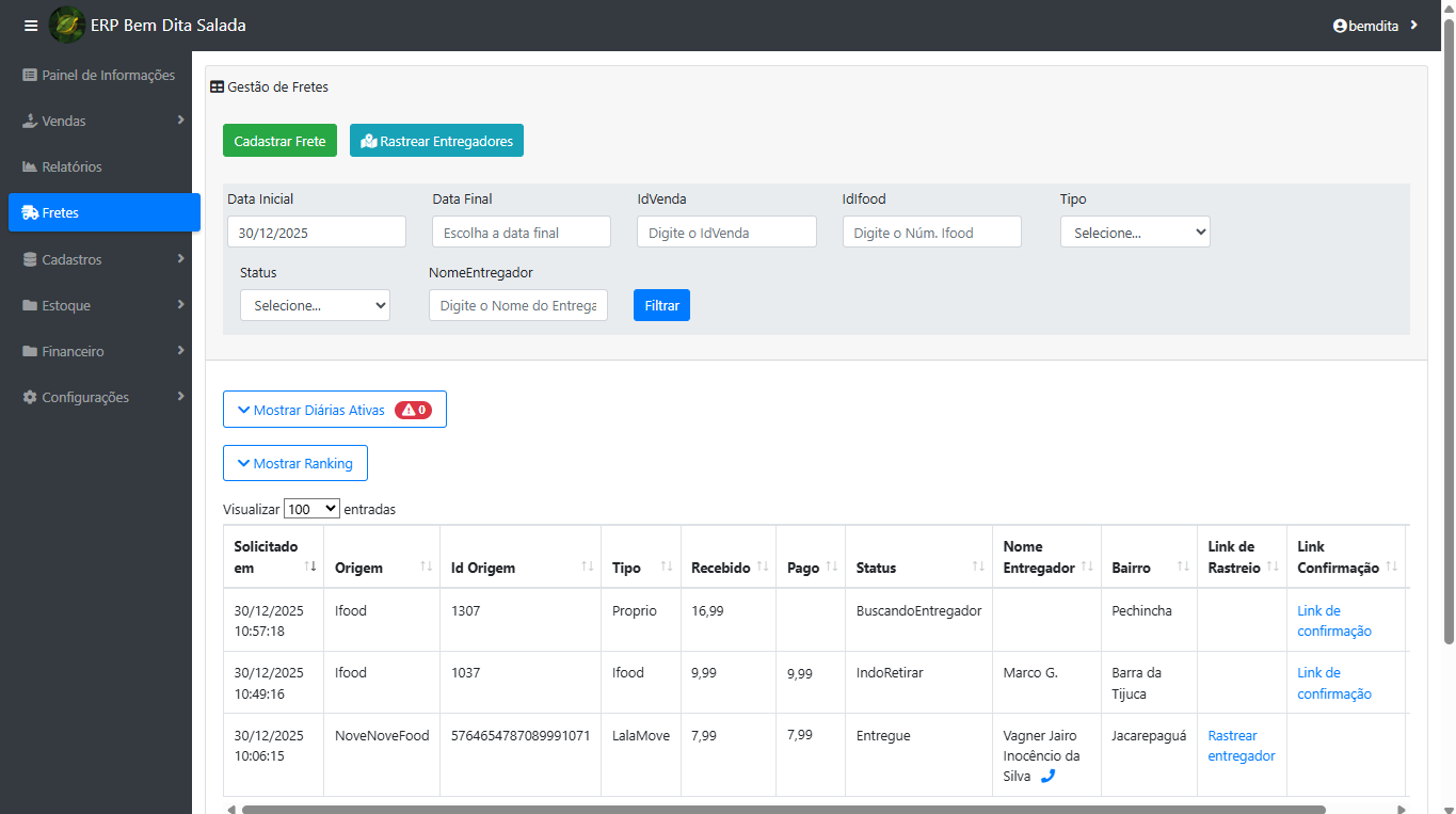 Tela de Gestão de Fretes - Monitoramento Completo