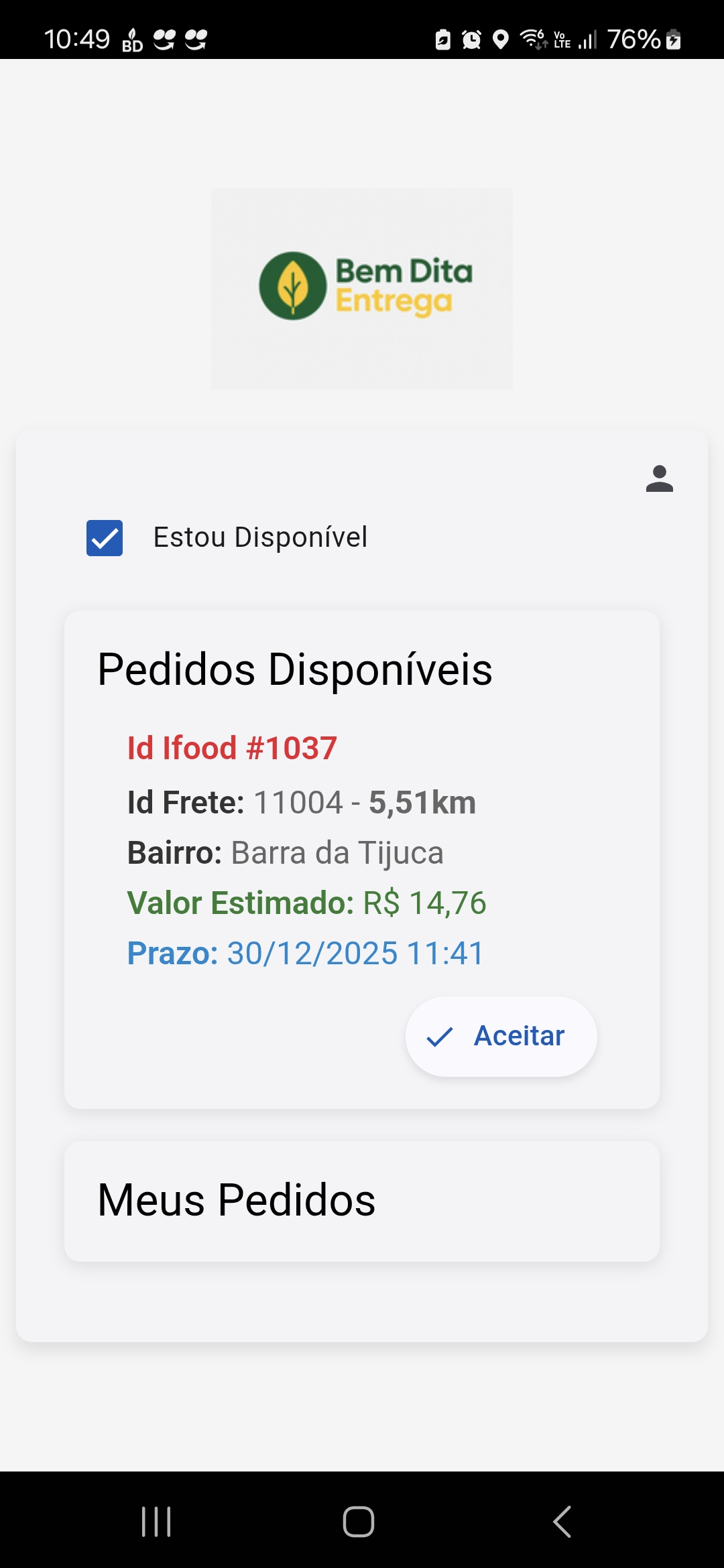 Pedidos Disponíveis no App do Entregador